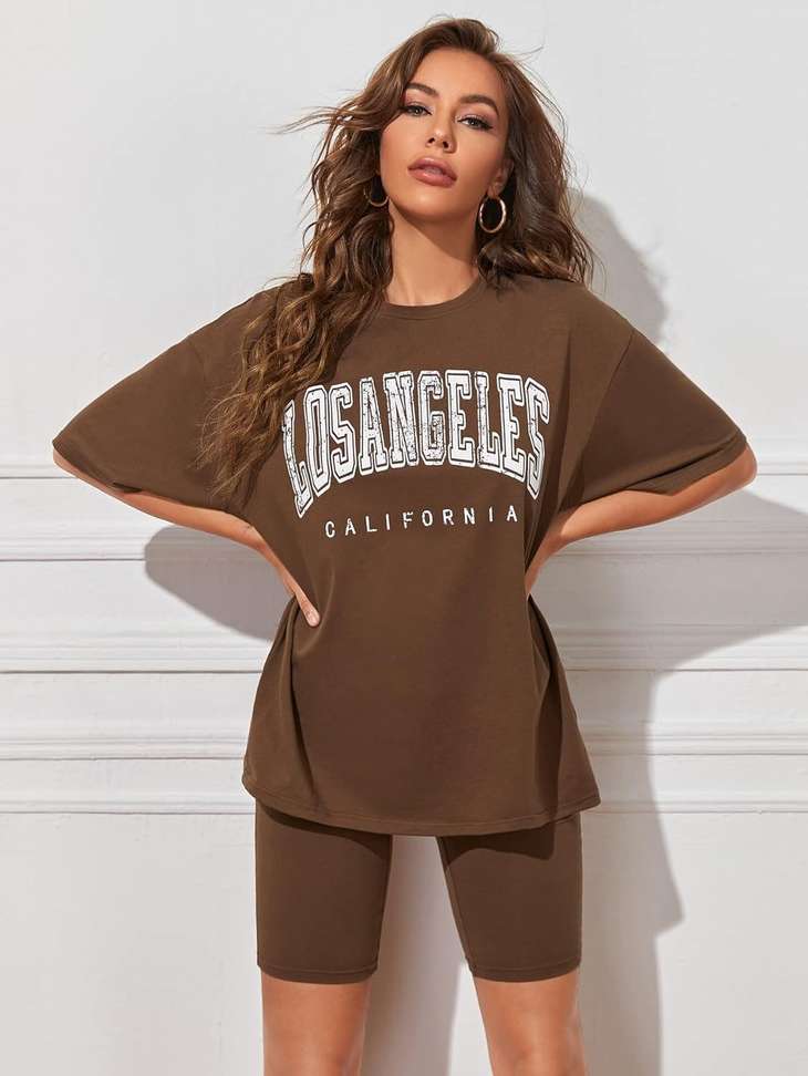 Women’s Brown Printed Cotton Blend Oversized T-Shirt – Round Neck, Short Sleeve