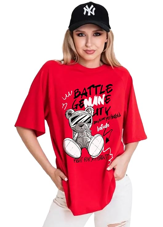 LEOTUDE Women’s Oversized Printed T-Shirt – Cotton Blend | Half Sleeve | Streetwear Fit