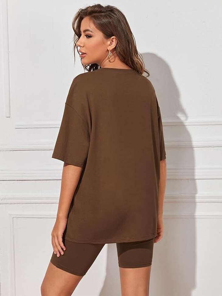 Women’s Brown Printed Cotton Blend Oversized T-Shirt – Round Neck, Short Sleeve