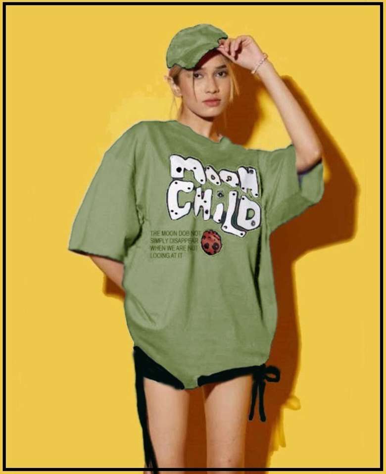 Women’s Light Green Printed Cotton Blend Oversized T-Shirt – Round Neck | Half Sleeve