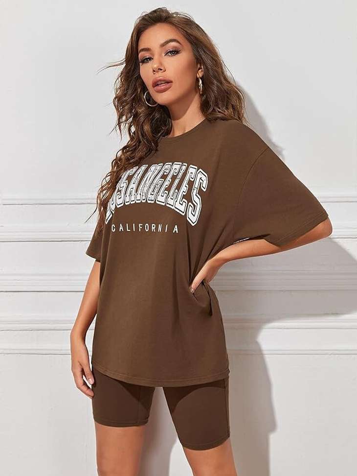 Women’s Brown Printed Cotton Blend Oversized T-Shirt – Round Neck, Short Sleeve