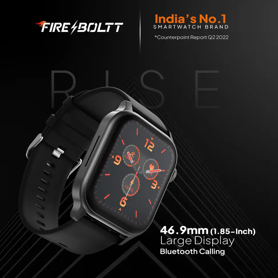 Fire-Boltt Rise 1.85” Smartwatch — Bluetooth Calling, Metal Body, Rotating Crown, 123 Sports Modes