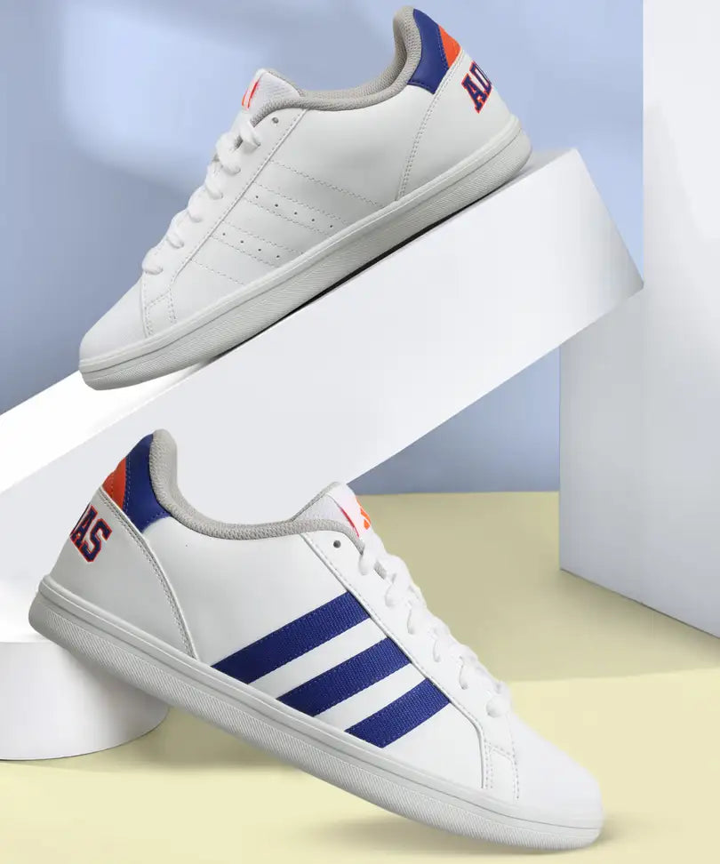 ADIDAS Men’s Classic Rubber M4 Sneakers — White & Blue | Striped Design